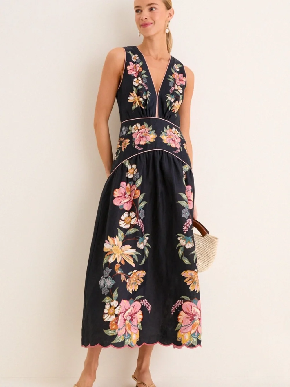 FARM Rio Maira Floral Dark Blue Linen Midi Dress Size Large NWT - Picture 7 of 16